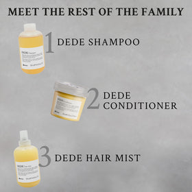 Hand holding Davines DEDE next to scale to show portable 8.45 fl oz size benefit