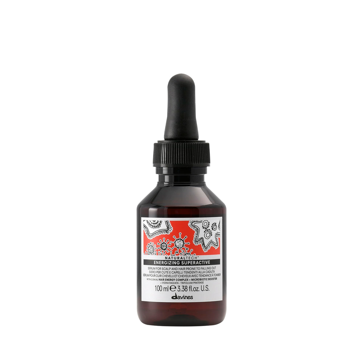 Davines front bottle showing Energizing Superactive serum and travel-friendly size benefits