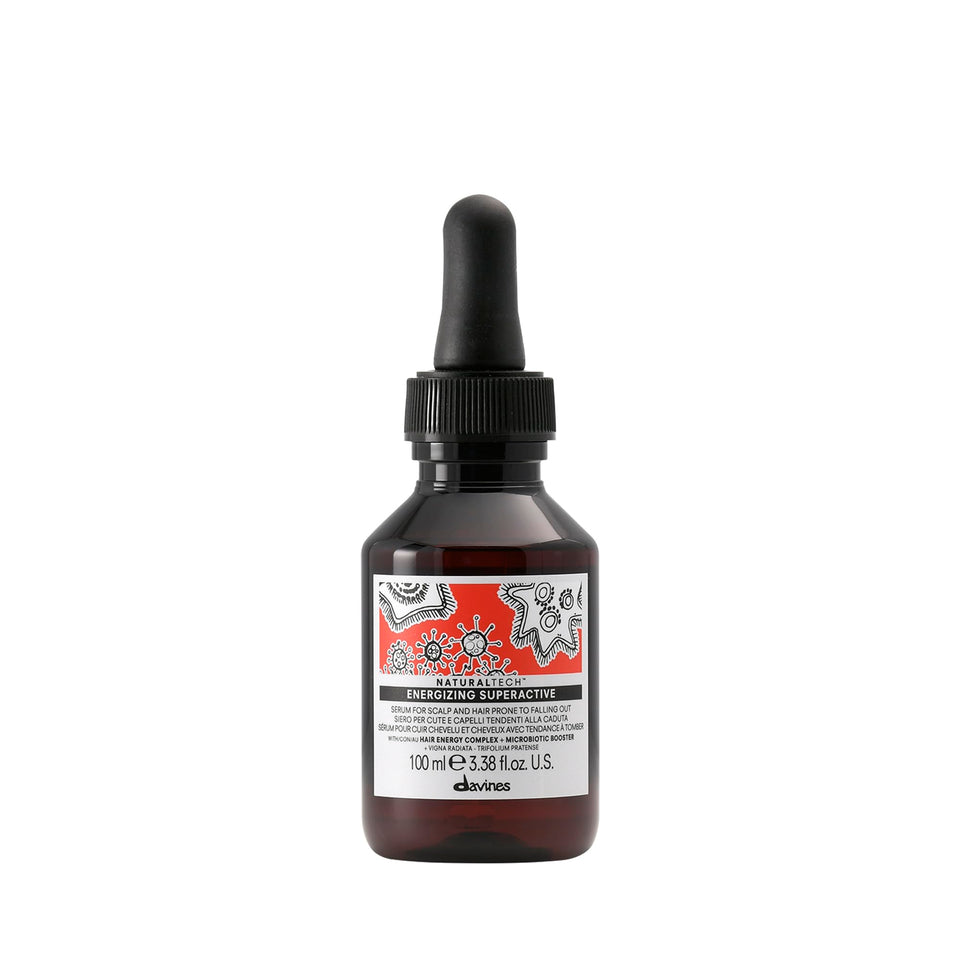 Davines front bottle showing Energizing Superactive serum and travel-friendly size benefits