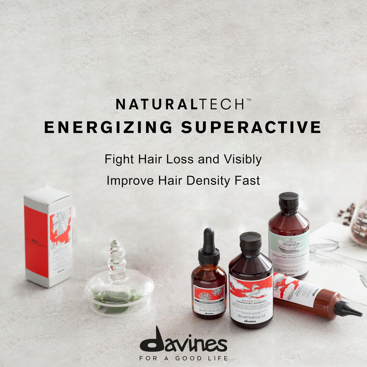 Davines label close-up highlighting phytoceuticals and caffeine ingredients for clarity