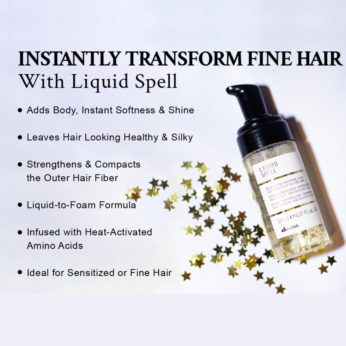 Davines Liquid Spell before and after root lift, showing fuller-looking hair at the crown