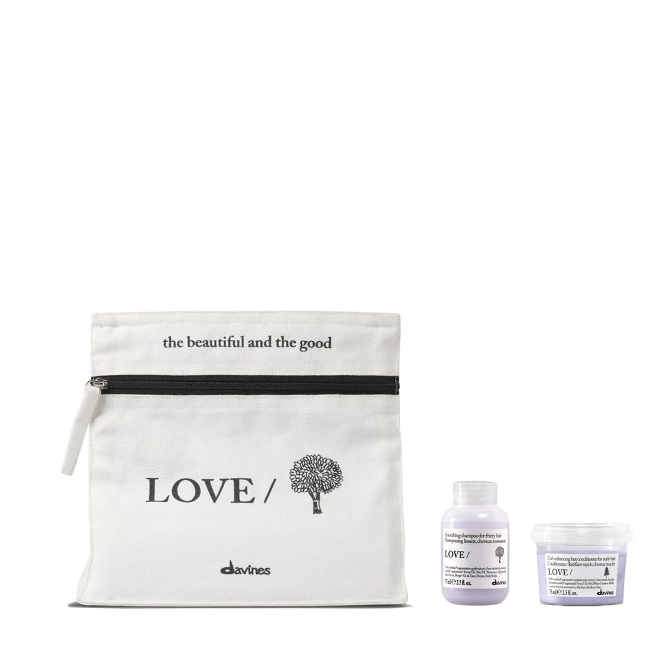 Davines front packaging of LOVE Smooth kit shows compact travel-friendly set and brand clarity