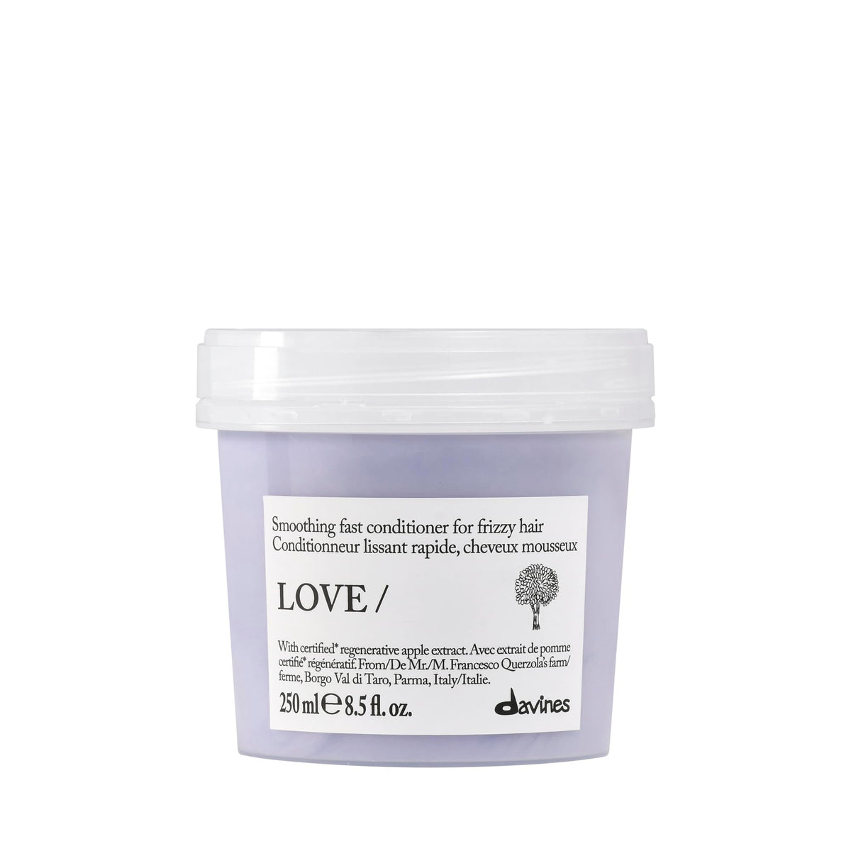 Davines bottle front view showing LOVE SMOOTHING conditioner benefits