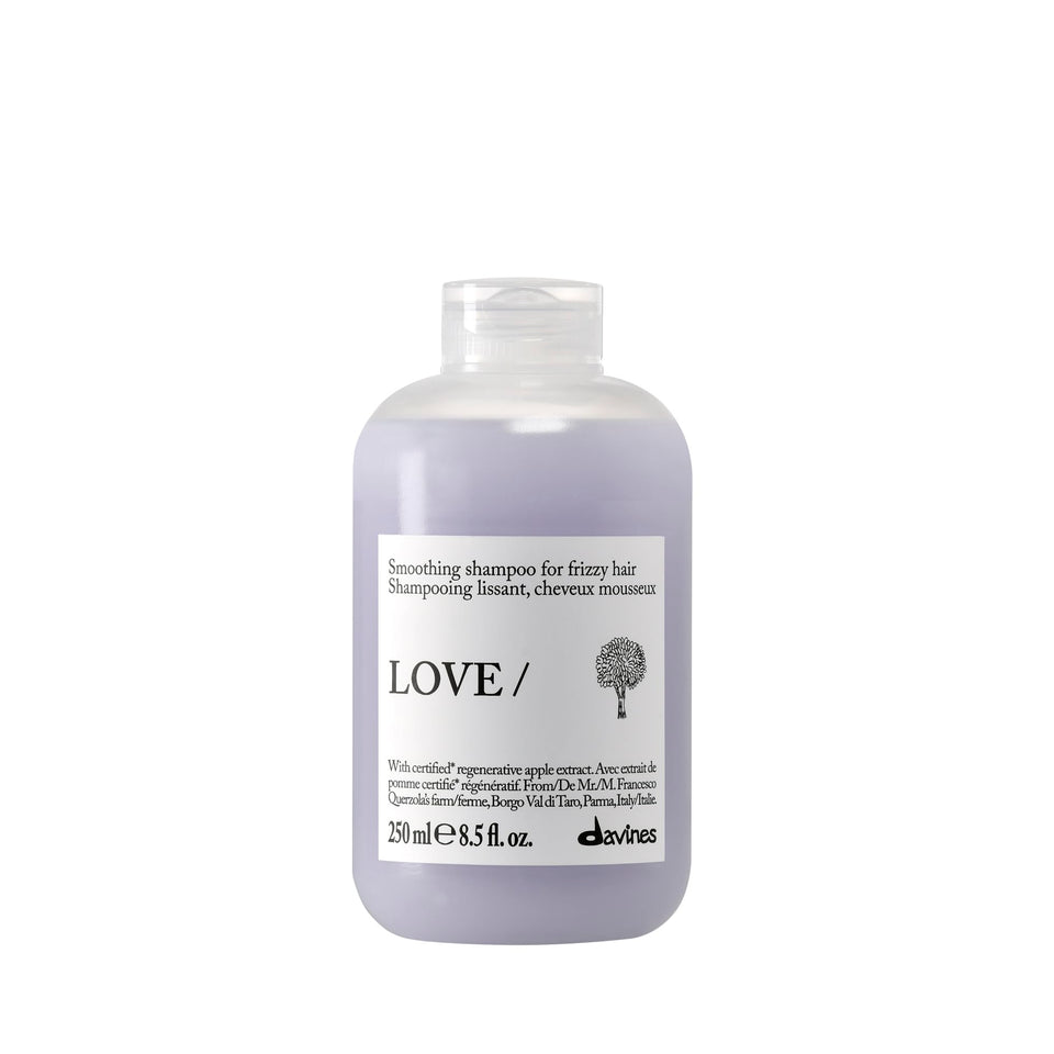 Davines bottle front view showing LOVE SMOOTHING shampoo and sleek finish benefit