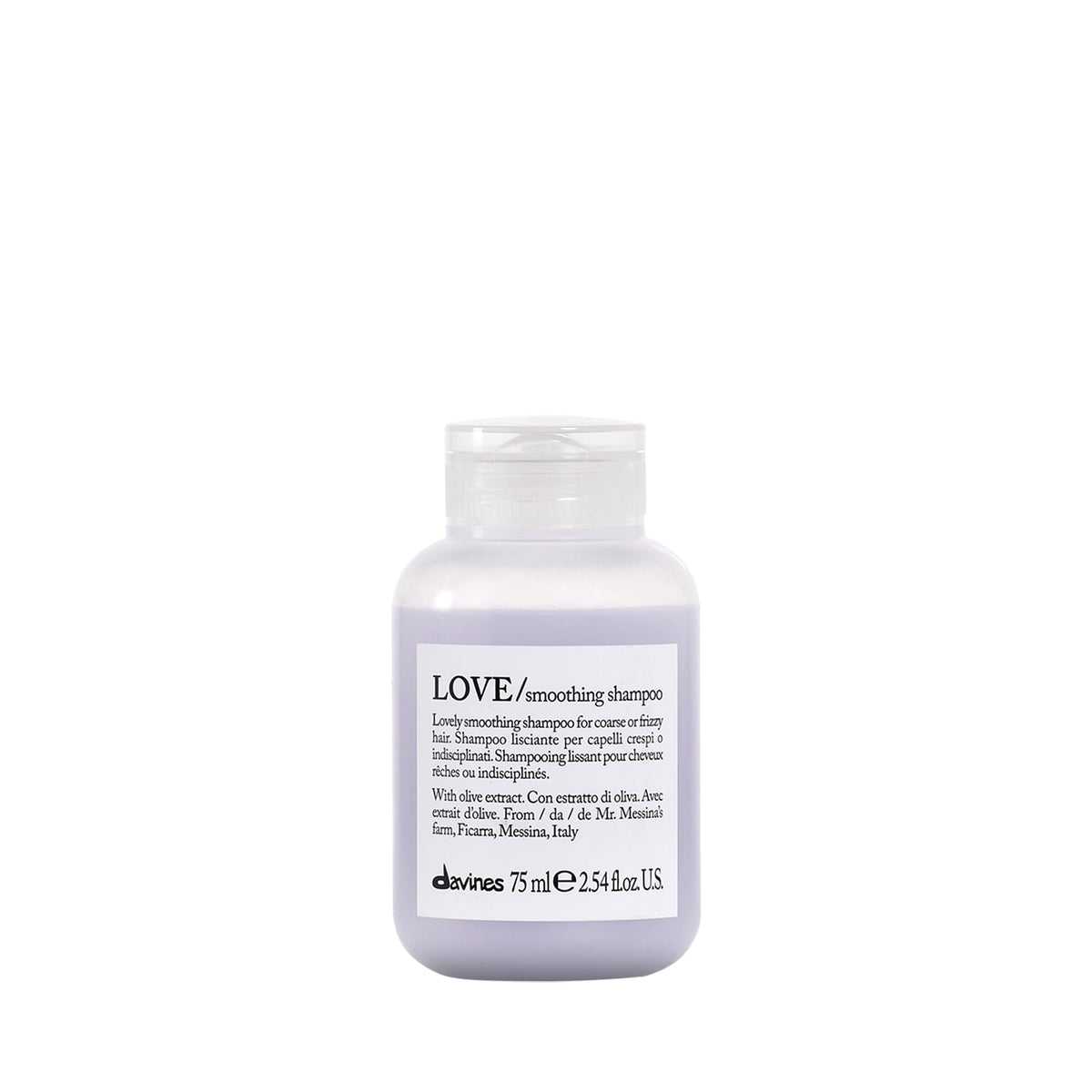 Davines bottle front packaging showing product name and travel size benefits