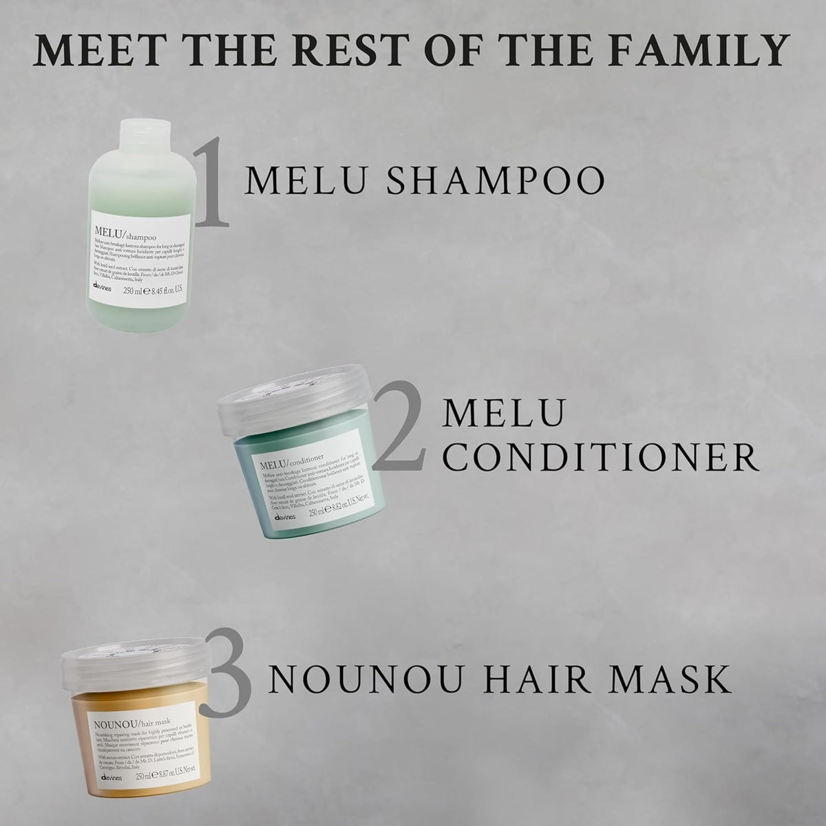 Davines MELU conditioner on shelf with other Davines products suggesting routine compatibility