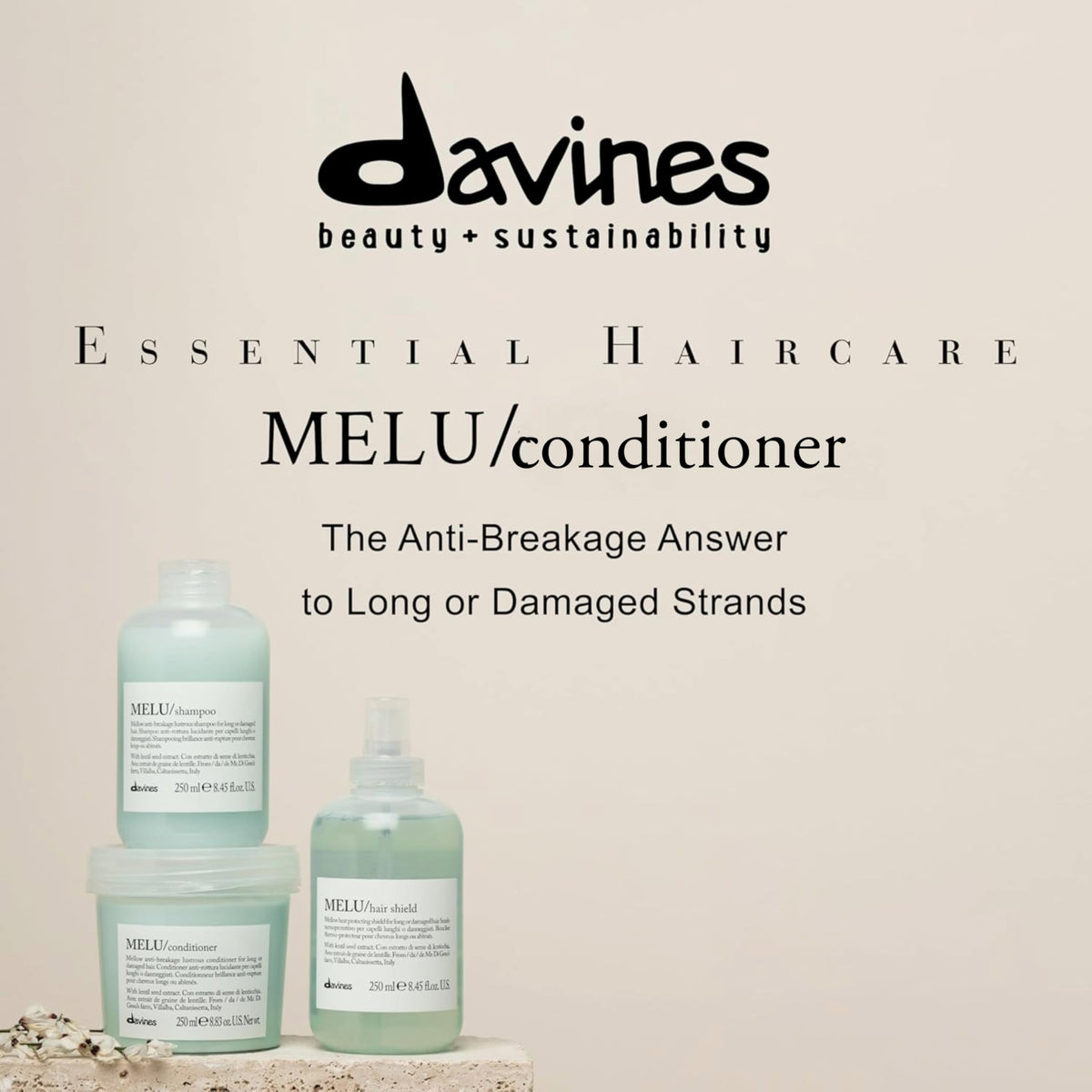 Davines MELU conditioner pump and cap detail for easy dispensing