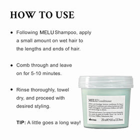 Davines MELU conditioner next to ruler showing 8.45 fl oz size