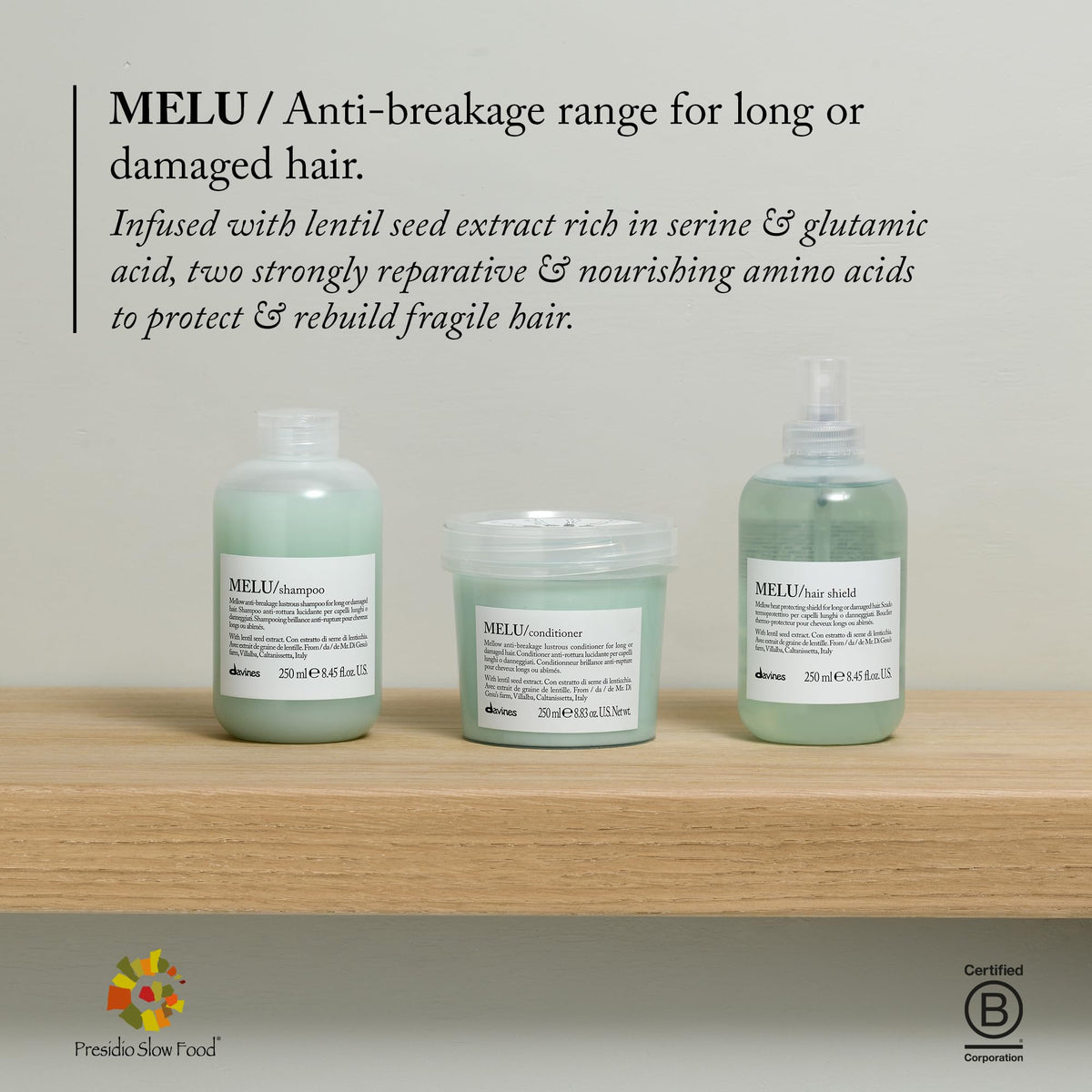 Davines MELU hair before and after comparison showing reduced breakage and shine