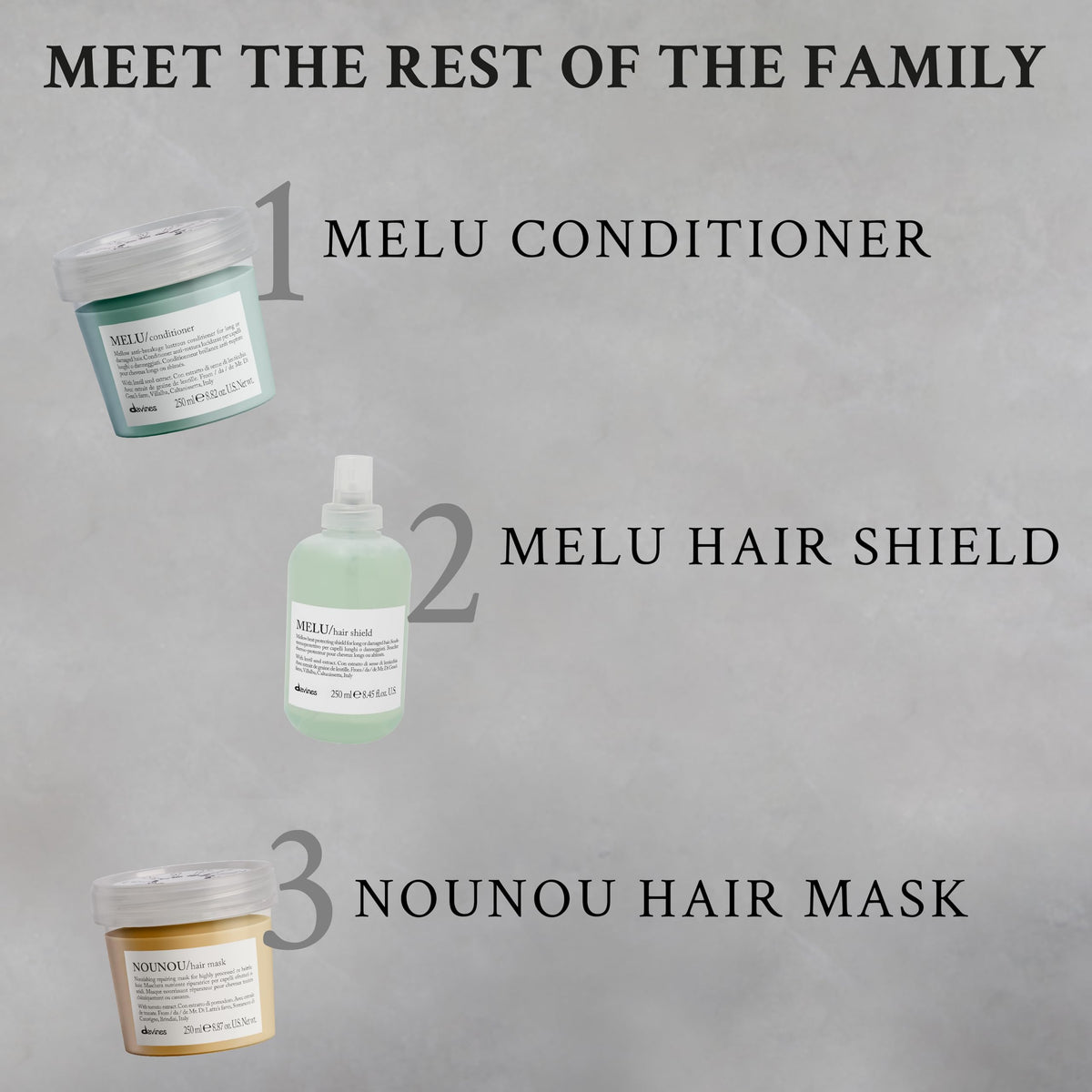 Davines MELU bottle next to ruler for size scale indicating 8.45 fl oz capacity