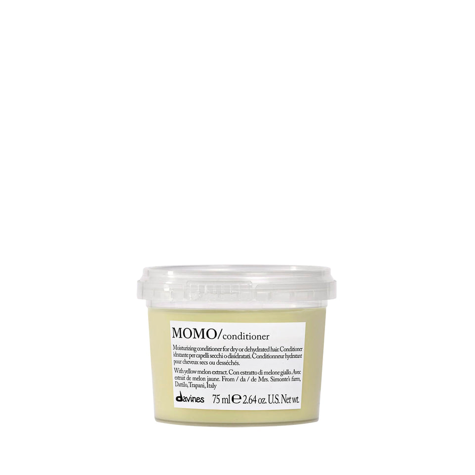 Davines MOMO conditioner front packaging showing bottle and travel size benefit