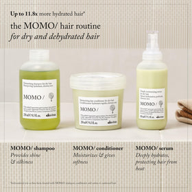 Davines MOMO conditioner size comparison next to hand showing 8.5 oz scale