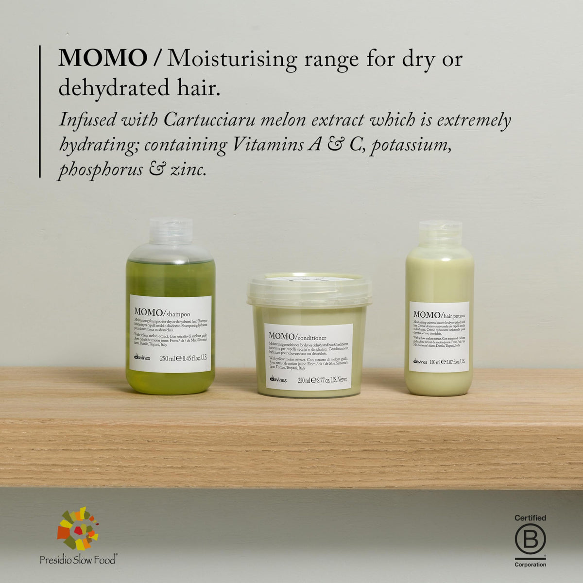 Davines MOMO with Cartucciaru Melon extract ingredient highlighting natural hydration