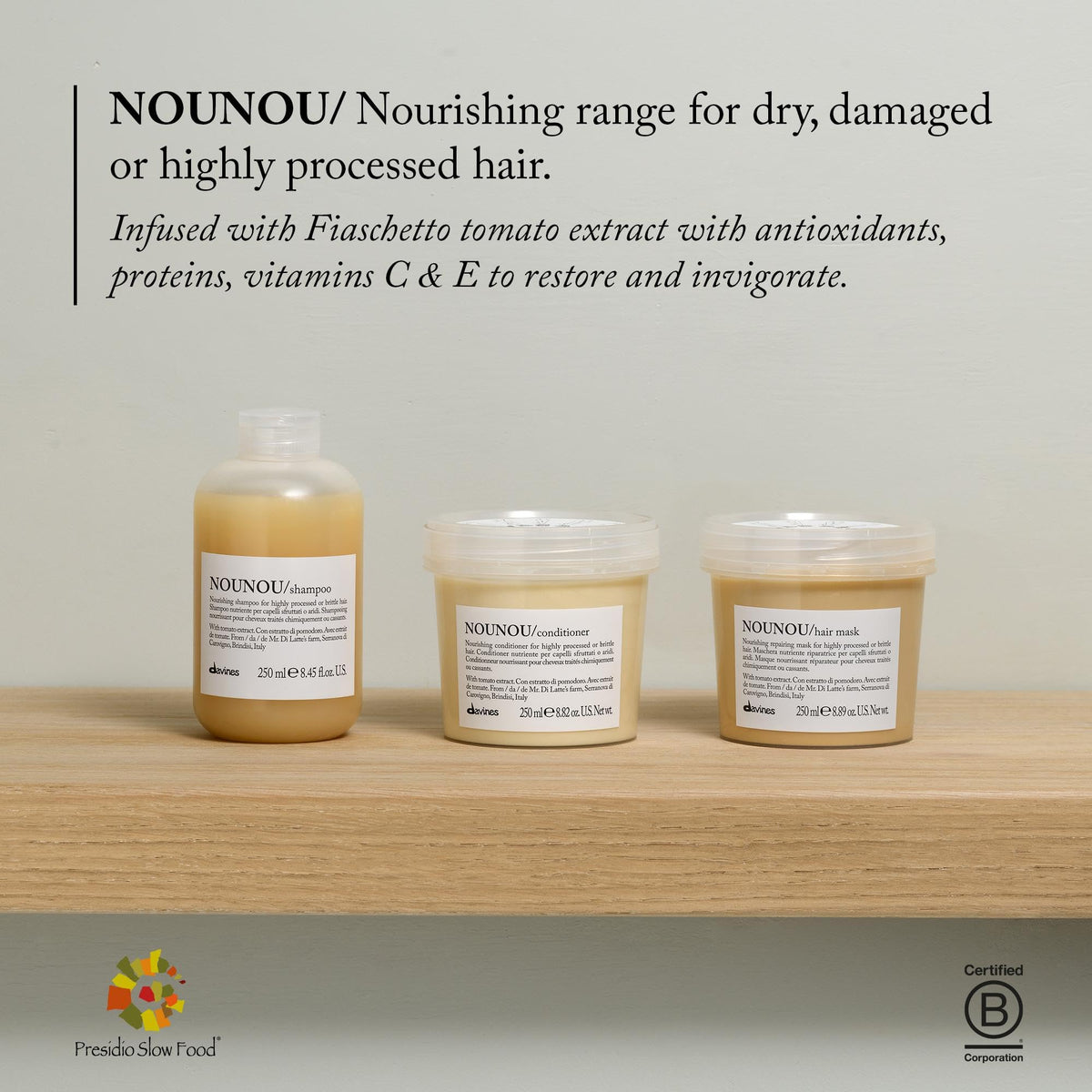 Davines NOUNOU with tomato extract ingredient highlighting natural hydration