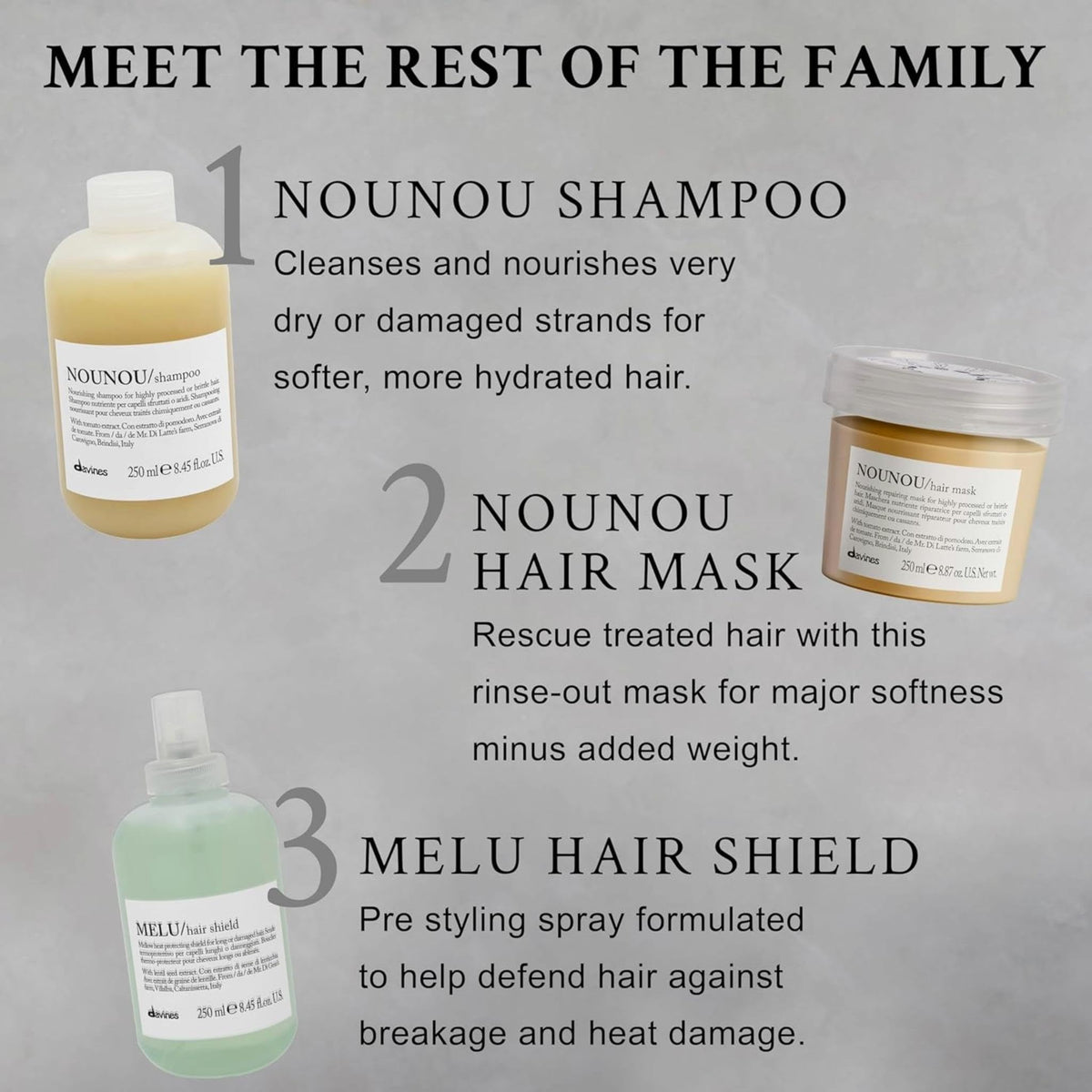 Davines NOUNOU label and 8.45 fl oz size indicating product details