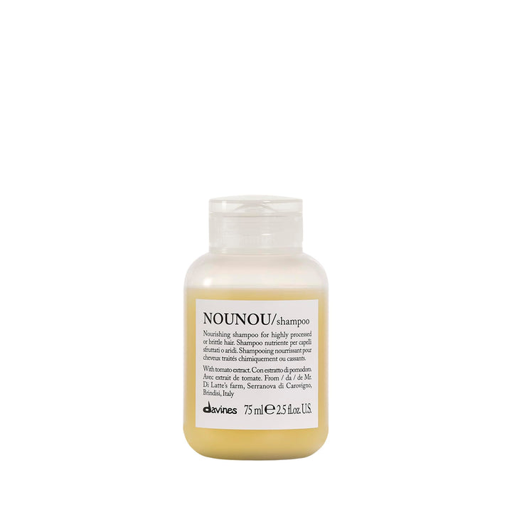 Davines NOUNOU shampoo front packaging showing travel-size bottle and branding, nourishing hydration