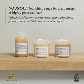 Davines NOUNOU next to common items for scale showing the 8.45 fl oz size benefit