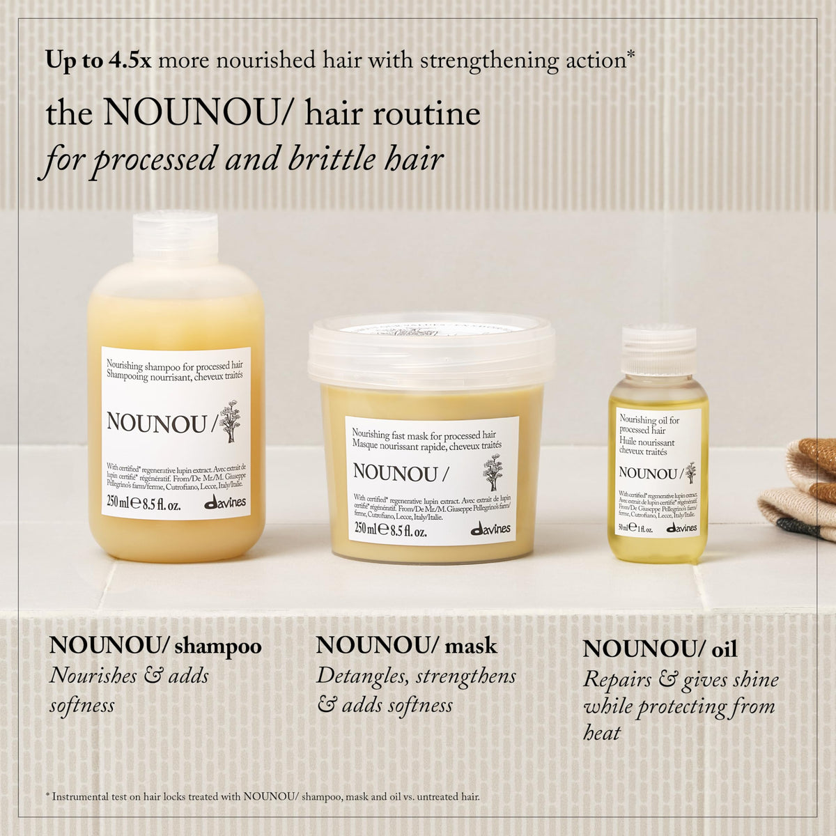 Davines NOUNOU next to hand for scale showing compact travel-friendly size