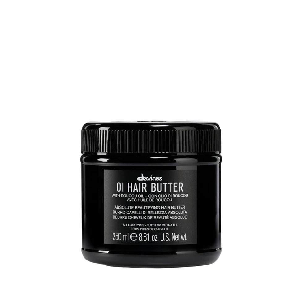 Davines jar front view showing OI Hair Butter and instant shine benefit