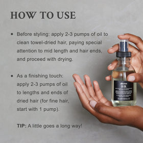 Davines OI Oil being applied to damp hair for easier detangling benefit