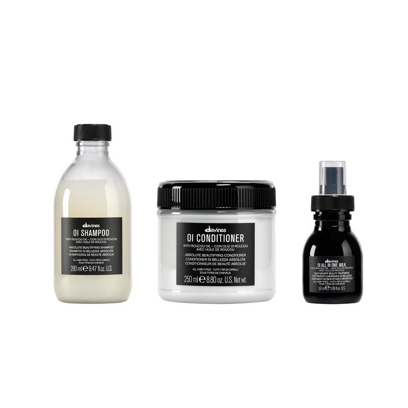 Davines OI shampoo front bottle showing sleek label and gentle cleansing benefit