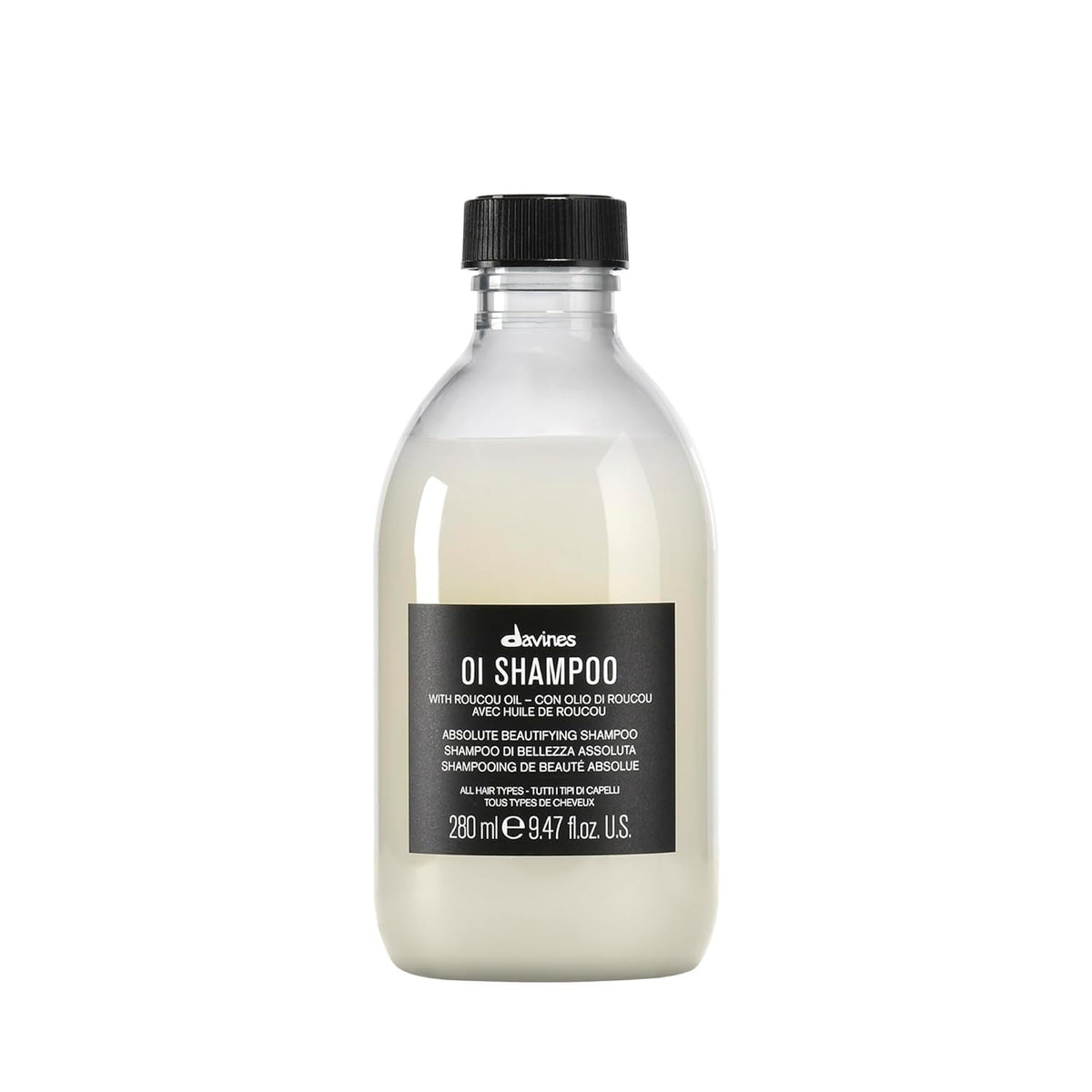 Davines OI shampoo front bottle showing packaging and benefits