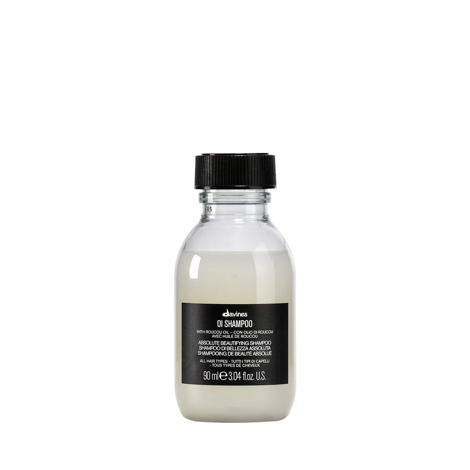 Davines OI shampoo front packaging shows product and travel convenience