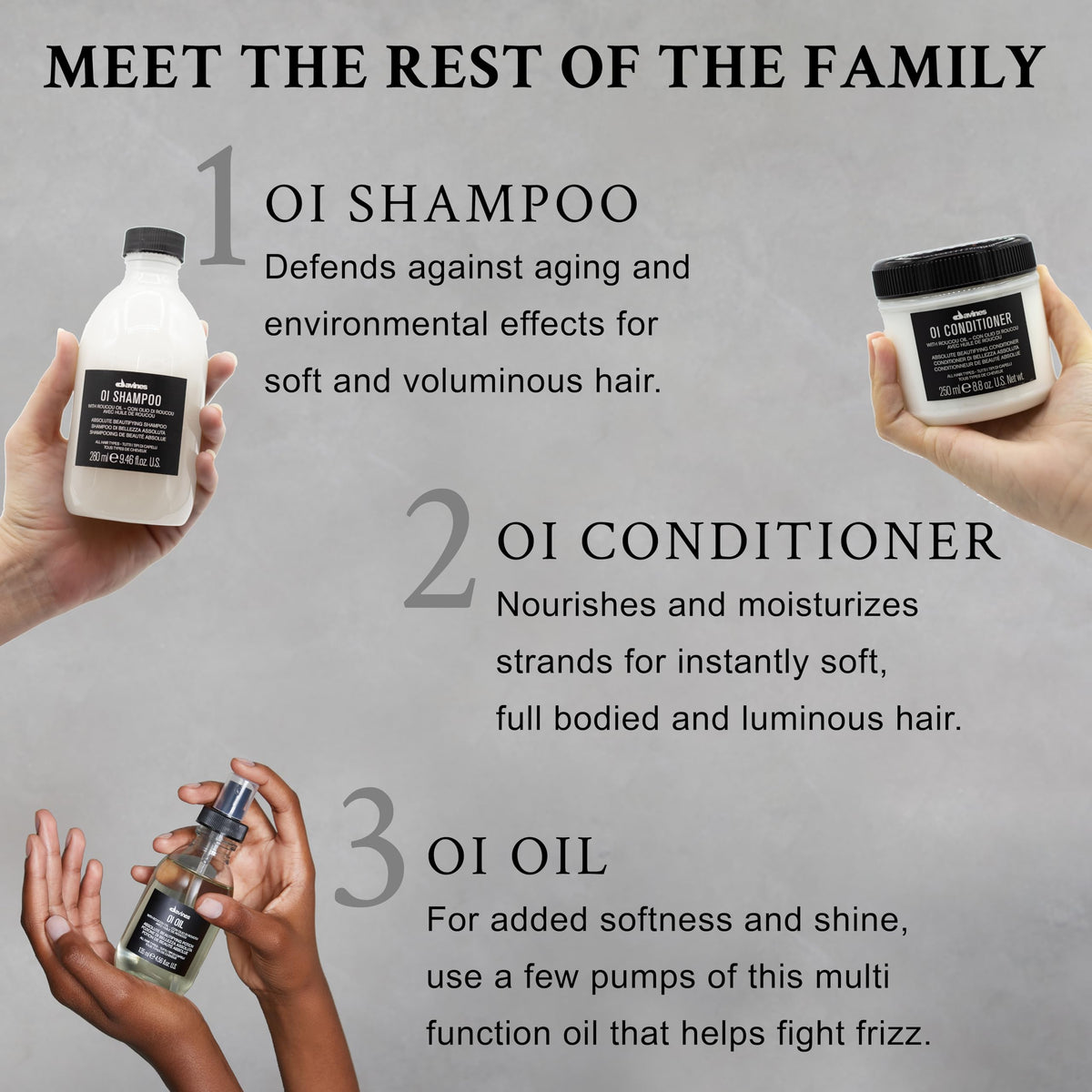 Davines OI shampoo pouring into hand for controlled application