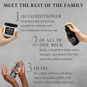Davines OI bottles in hand for scale showing actual size and travel-friendly benefit