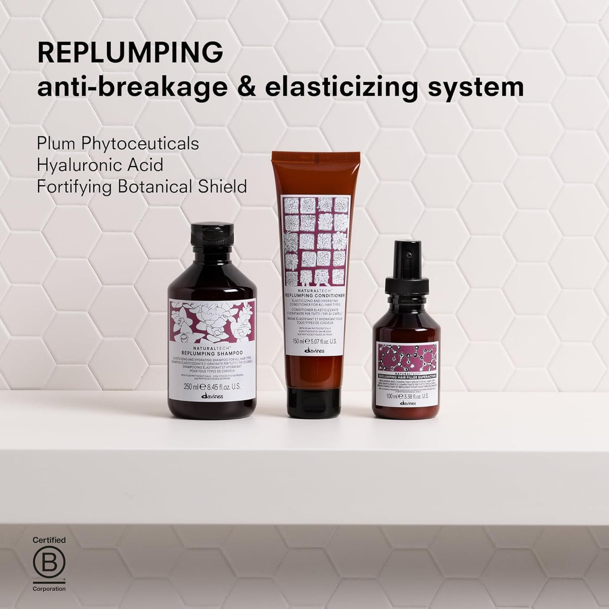 Davines bottle inside shower scene showing ease of use and hydration benefit
