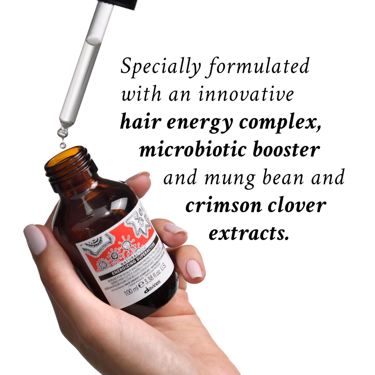Davines serum texture drop showing lightweight consistency and quick absorption benefit