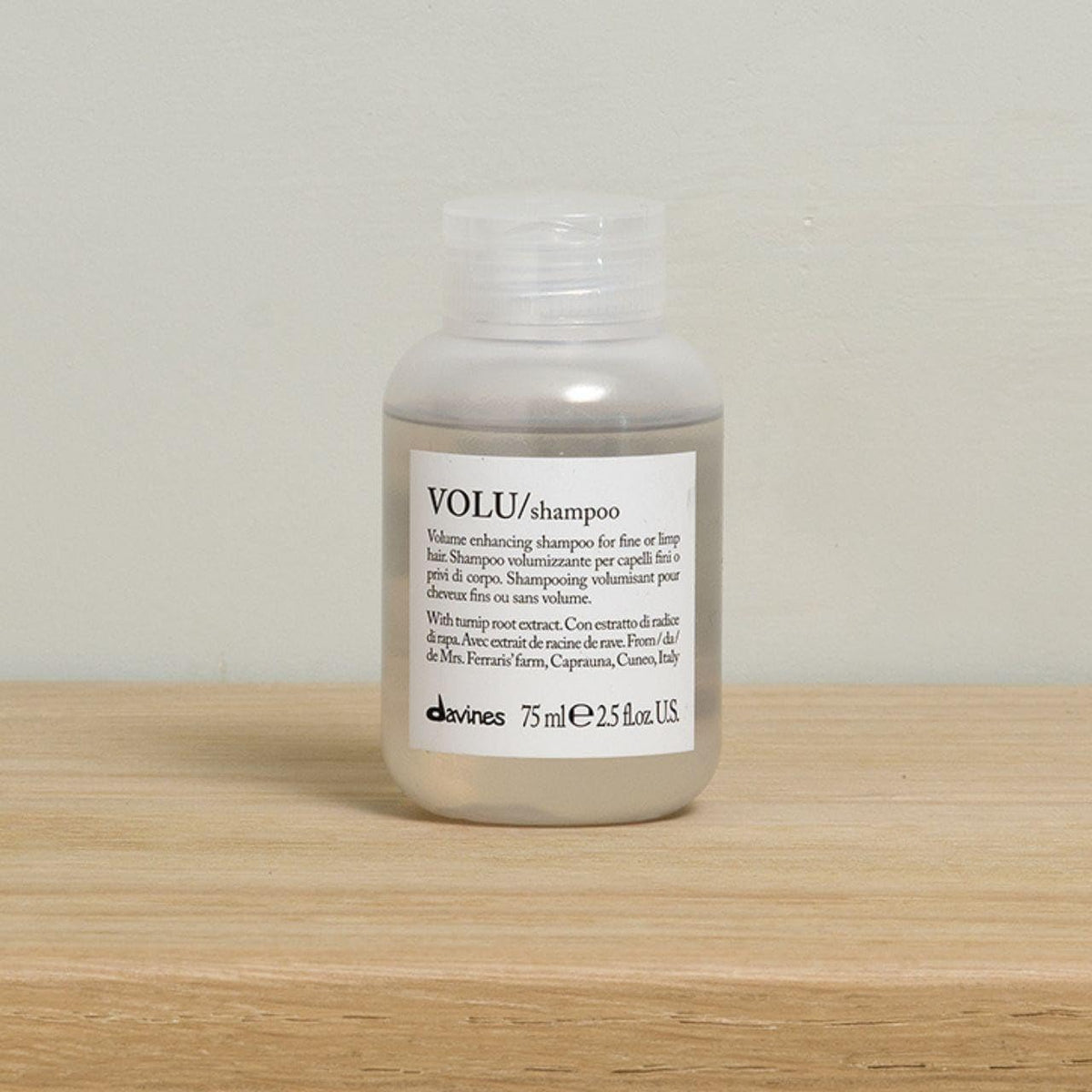 Davines VOLU back label ingredients and usage information benefit
