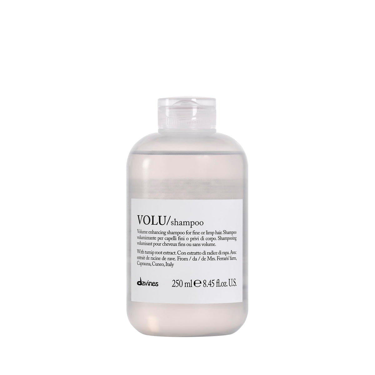 Davines VOLU front bottle showing label and size for easy identification