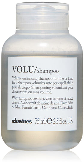 Davines VOLU front packaging showing travel bottle and benefits
