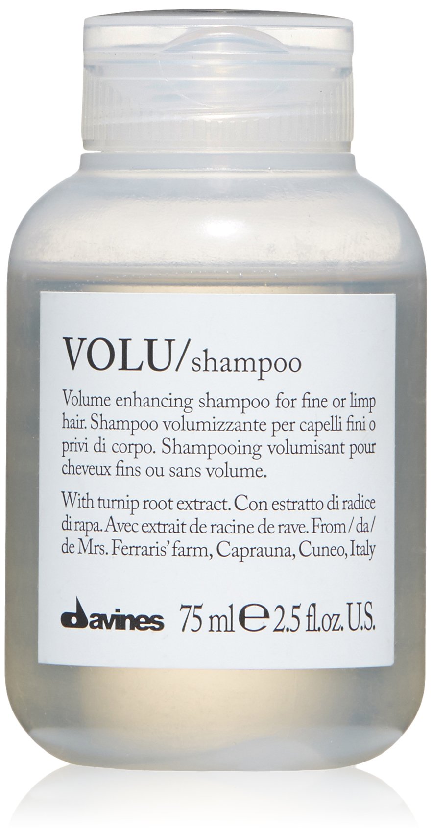 Davines VOLU front packaging showing travel bottle and benefits