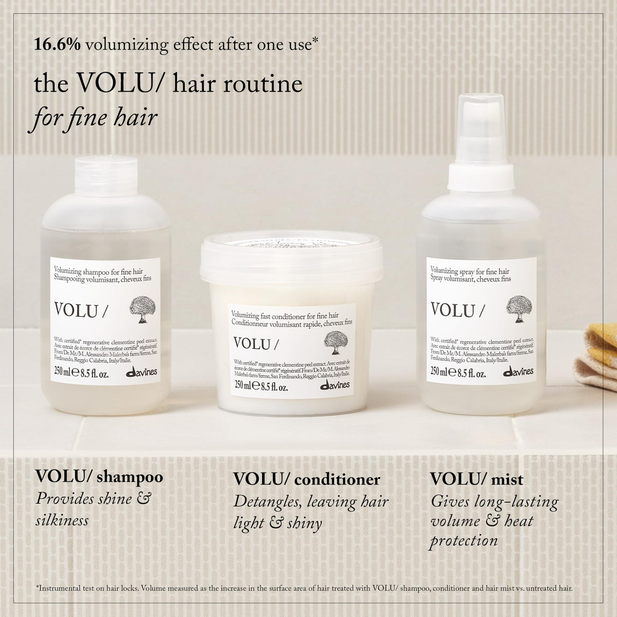 Davines Volu scale comparison illustrating compact 8.5 fl oz size