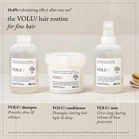 Davines Volu scale comparison illustrating compact 8.5 fl oz size