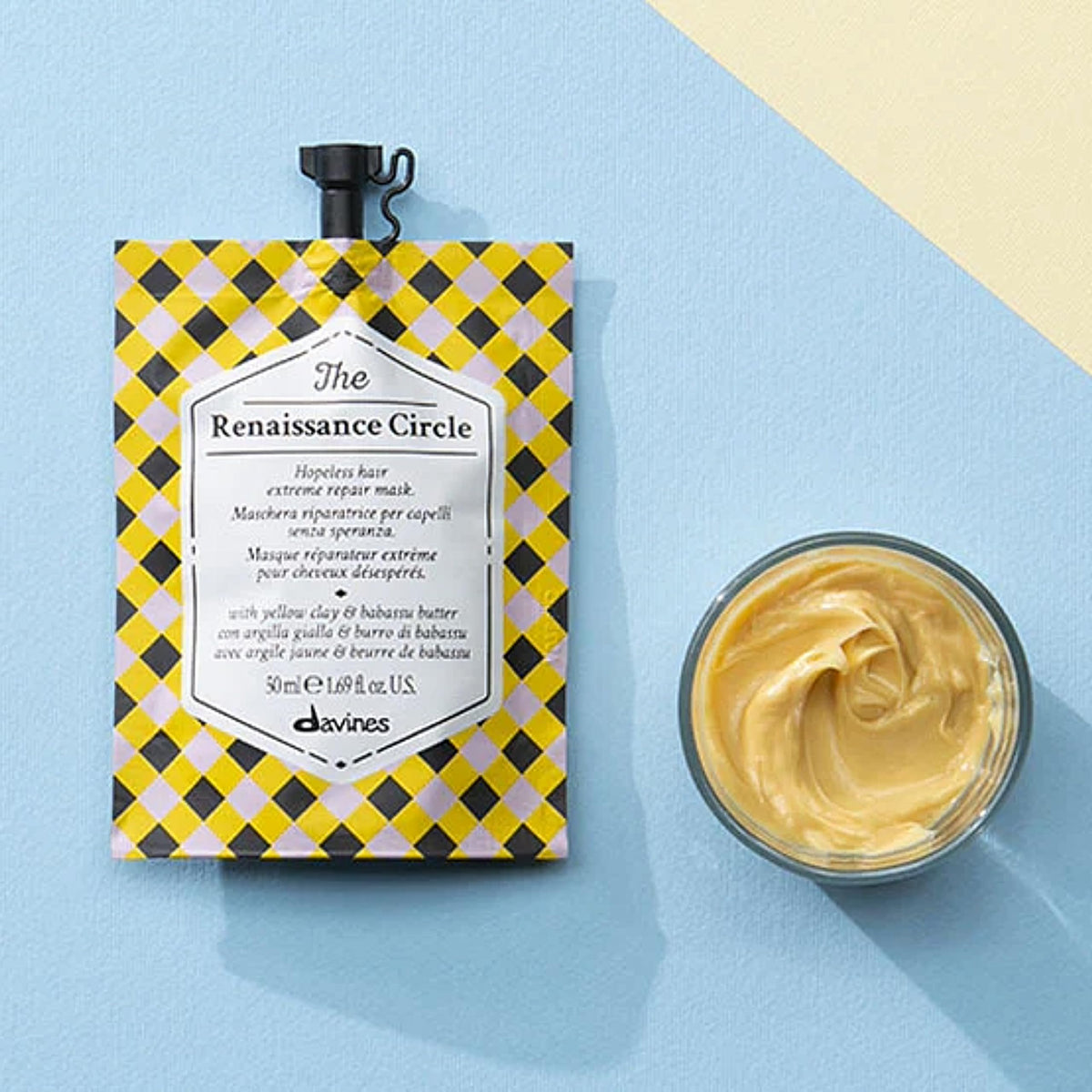 Davines yellow clay powder detail highlighting mineral-rich reconstructive benefit