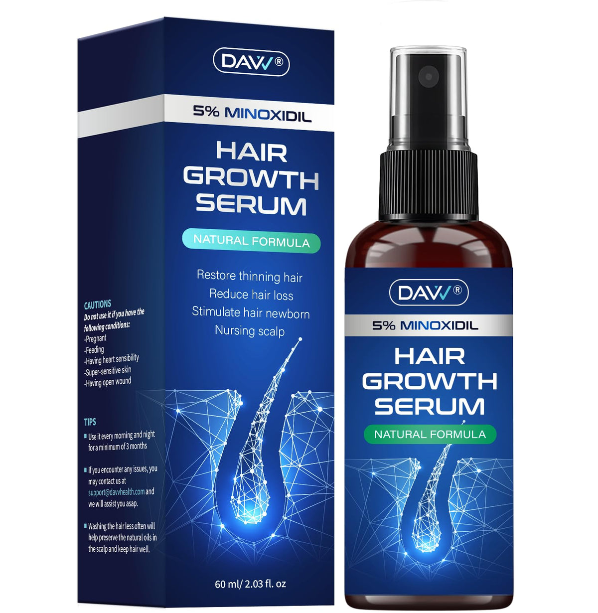DAVV front packaging showing 5% minoxidil spray and size benefits
