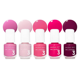 Dazzle Dry pack front showing five mini bottles and vibrant pink plum palette benefits portability