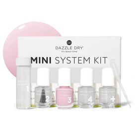 Dazzle Dry front packaging showing the five-piece mini kit and benefits