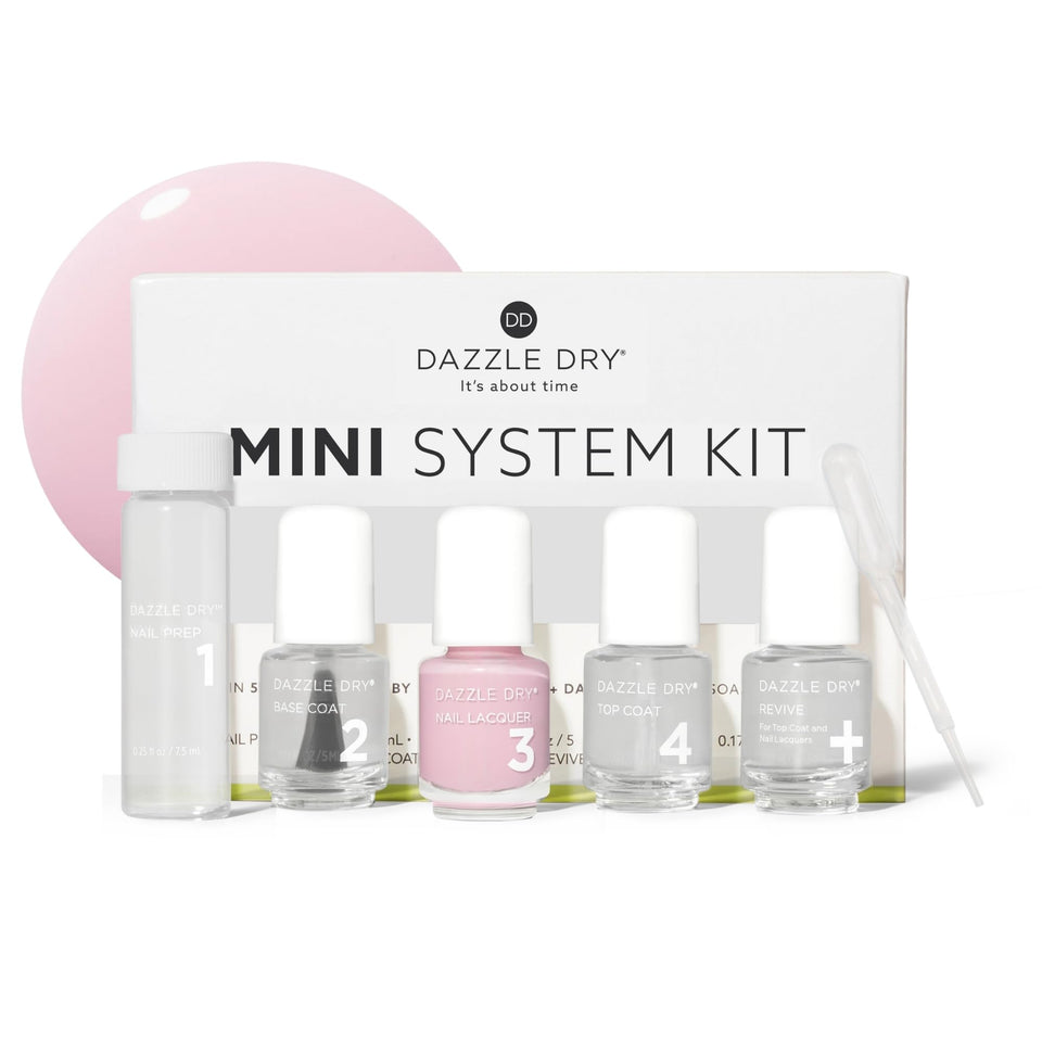 Dazzle Dry front packaging showing the five-piece mini kit and benefits