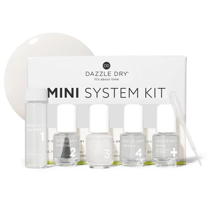 Dazzle Dry front packaging showing complete mini 4-step kit and travel convenience
