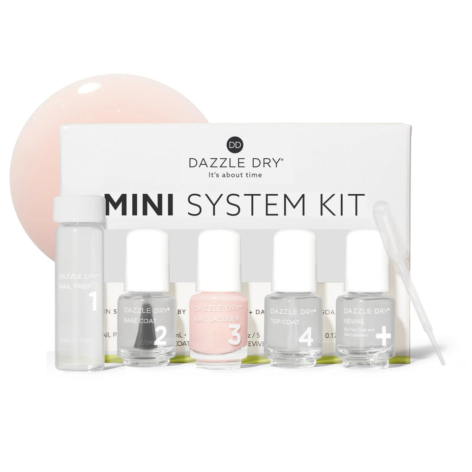 Dazzle Dry mini kit front packaging showing five pieces and benefits