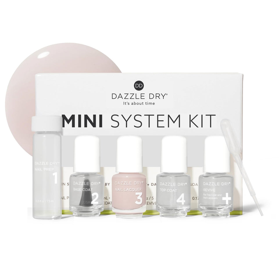Dazzle Dry front packaging showing compact five-piece kit and benefits