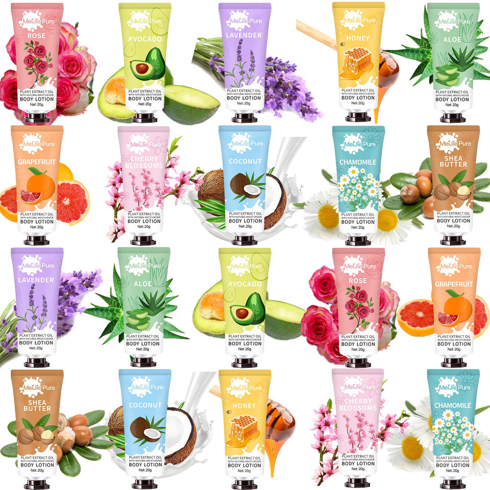 DBEAUTYM front packaging showing 20 travel lotion tubes and variety benefit