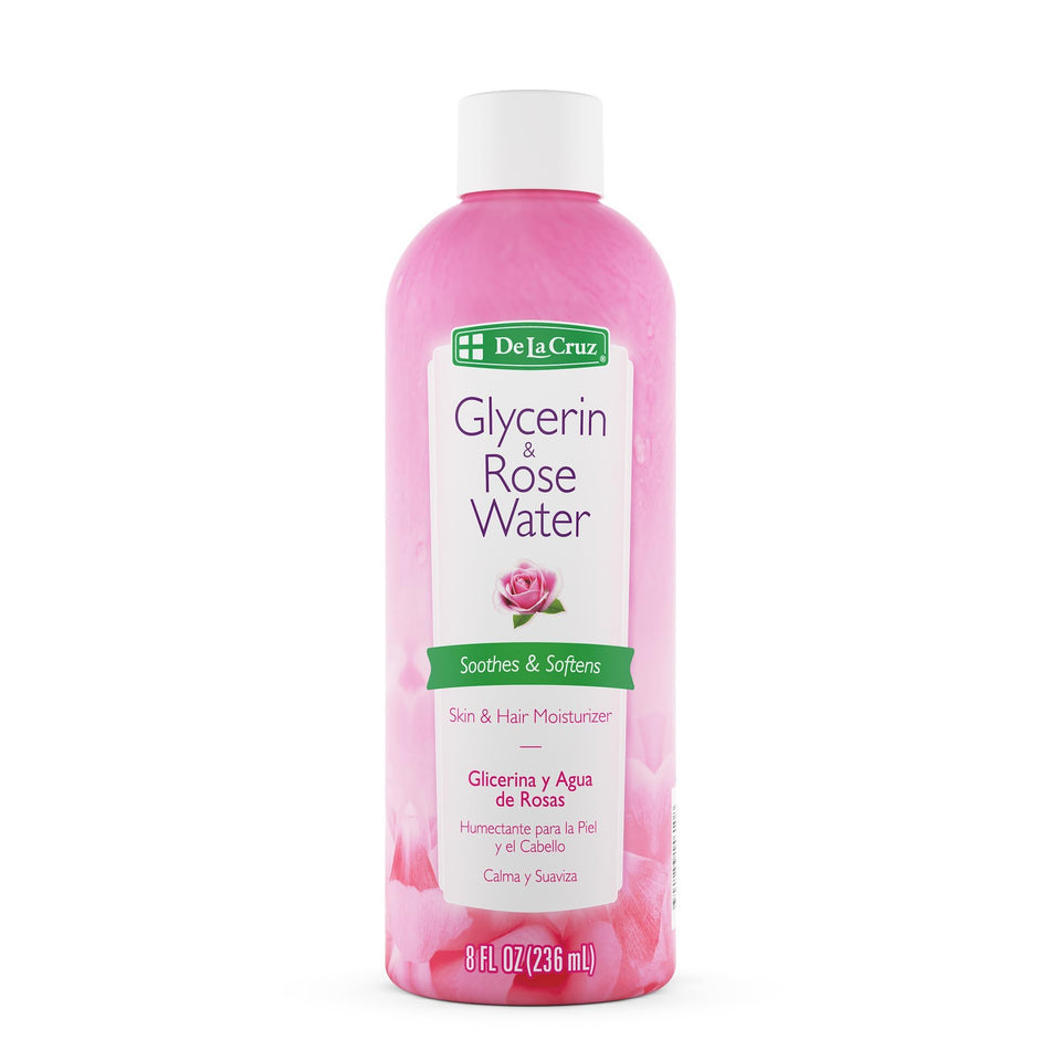 De La Cruz front bottle showing rose water and glycerin hydration benefit