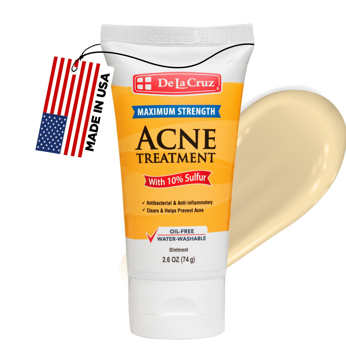 De La Cruz front tube showing packaging and clear acne treatment benefit