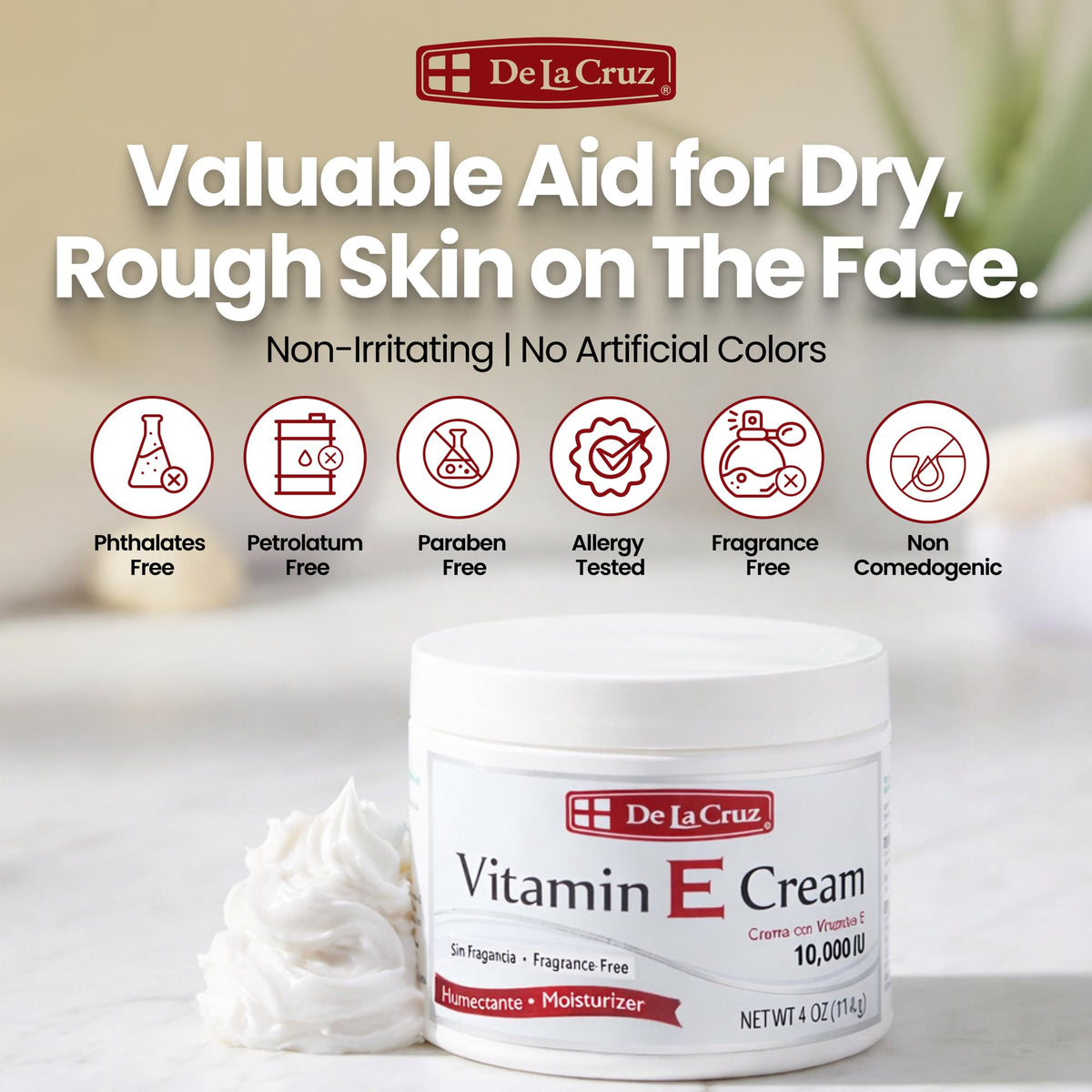 De La Cruz applying cream to neck showing soothing hydration benefits
