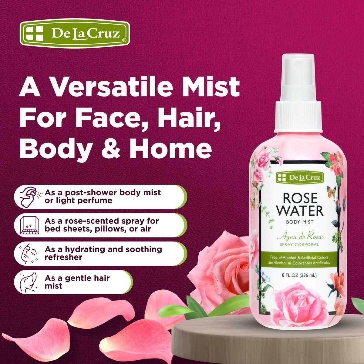 De La Cruz bottle on vanity conveying daily skincare convenience